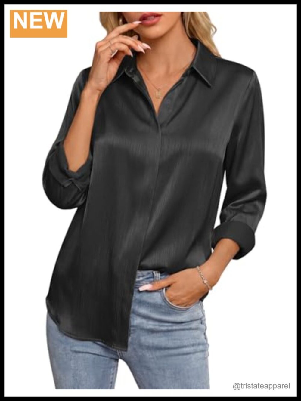 Silky Satin Button Down Shirt Long Sleeve Work Blouse
